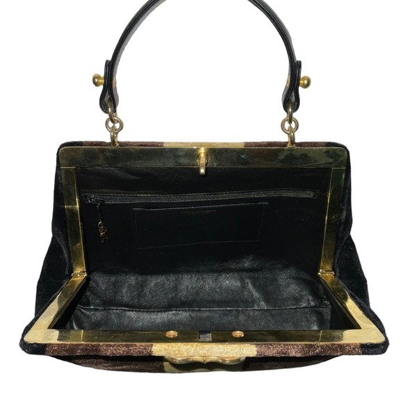 Vintage Roberta di Camerino Handbag 2 Toned Velvet Brown Leather Top Handle - Picture 5 of 16